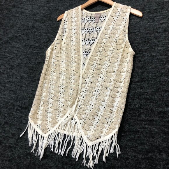 Chicos Size 0 Duster Women's Tan Vest Crochet‎ Open Front Sleeveless Fringe - Picture 1 of 5
